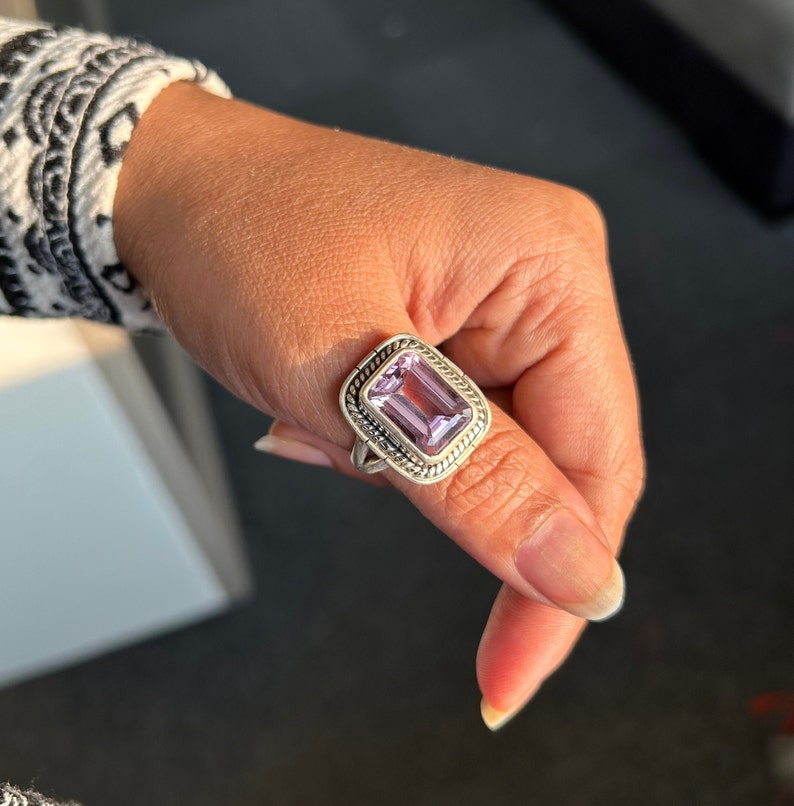 Amethyst Gemstone Sterling Silver Rectangular Women's Ring Size 8US