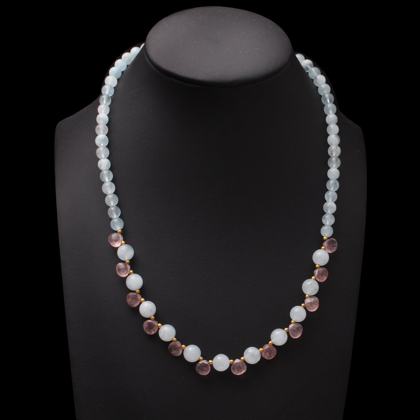 Blue Aquamarine Beaded Necklace, Aquamarine And Strawberry Quartz Gemstone Designer Necklace GemsRush