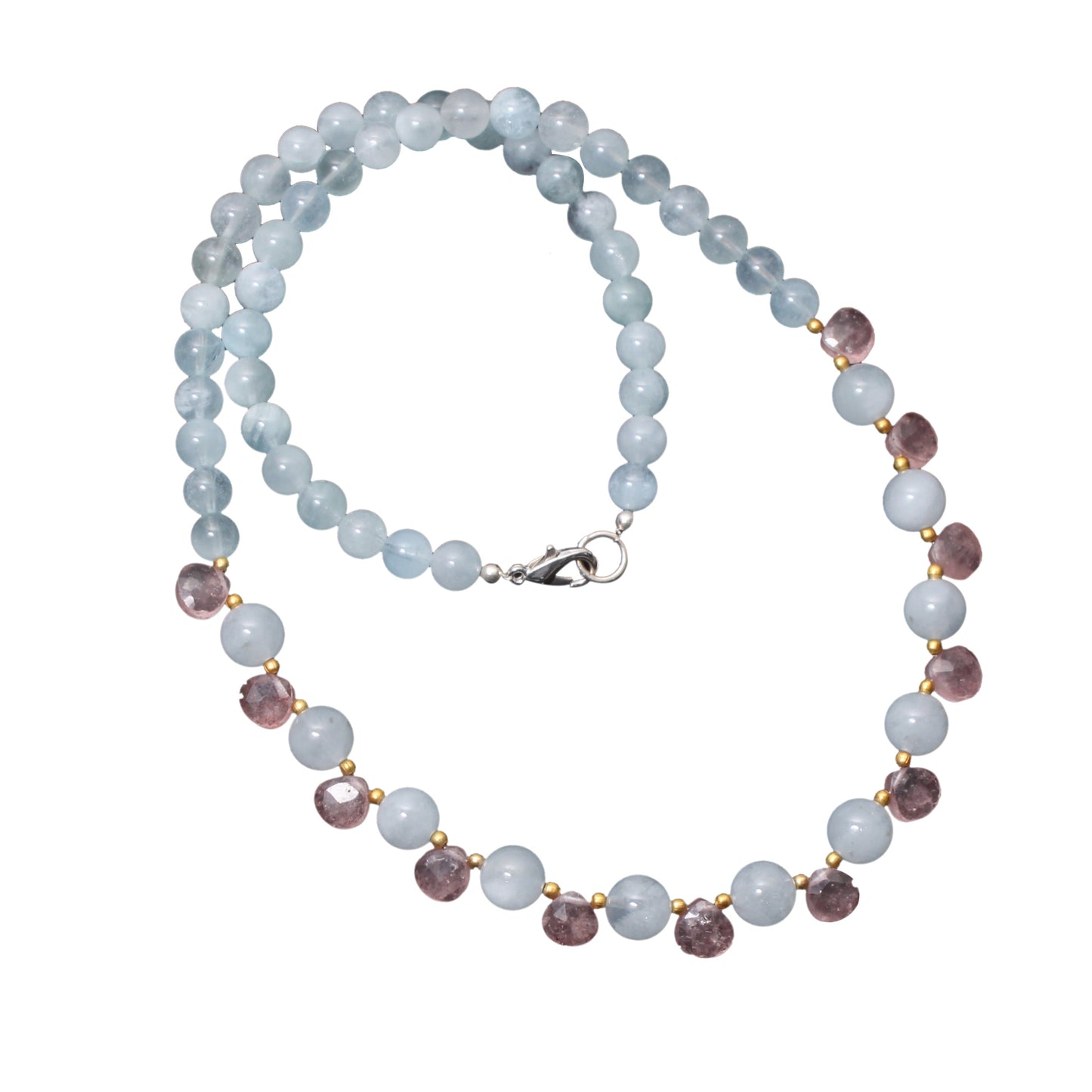 Blue Aquamarine Beaded Necklace, Aquamarine And Strawberry Quartz Gemstone Designer Necklace GemsRush