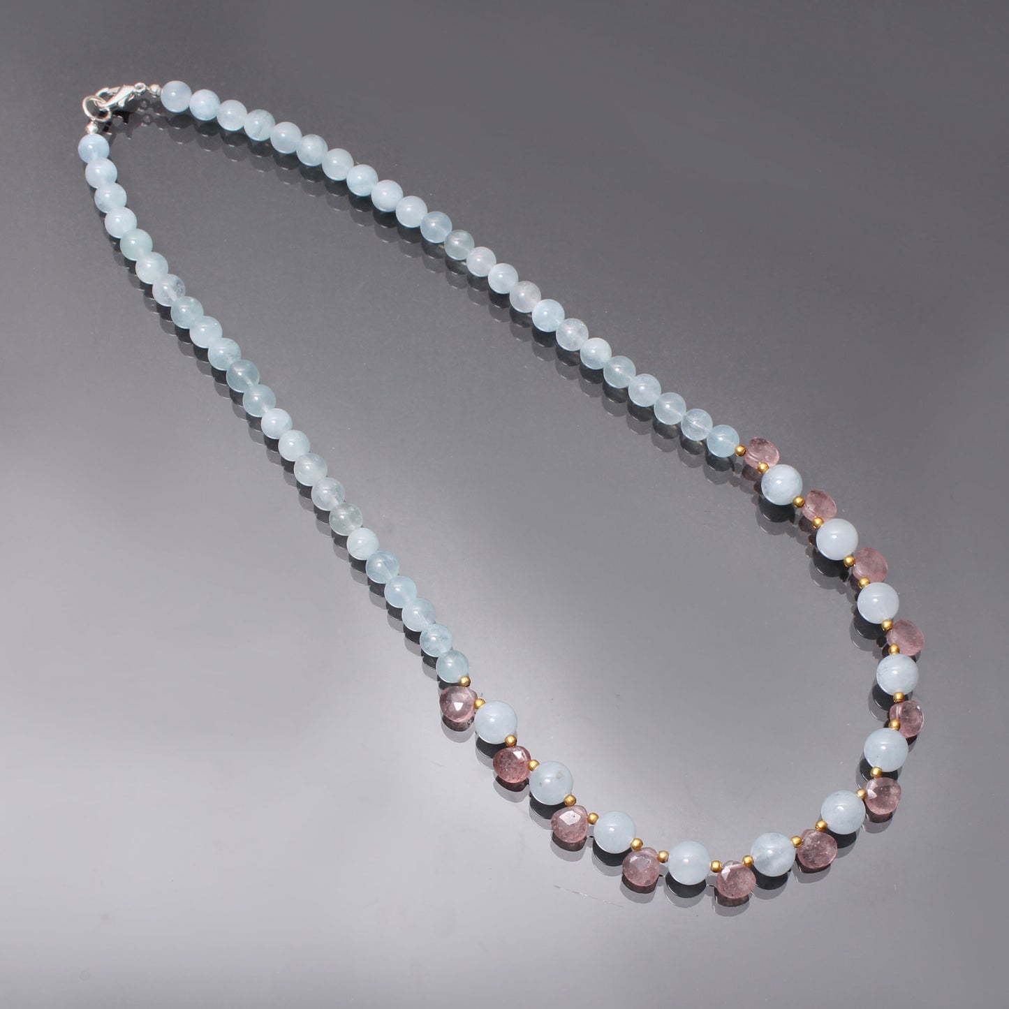 Blue Aquamarine Beaded Necklace, Aquamarine And Strawberry Quartz Gemstone Designer Necklace GemsRush