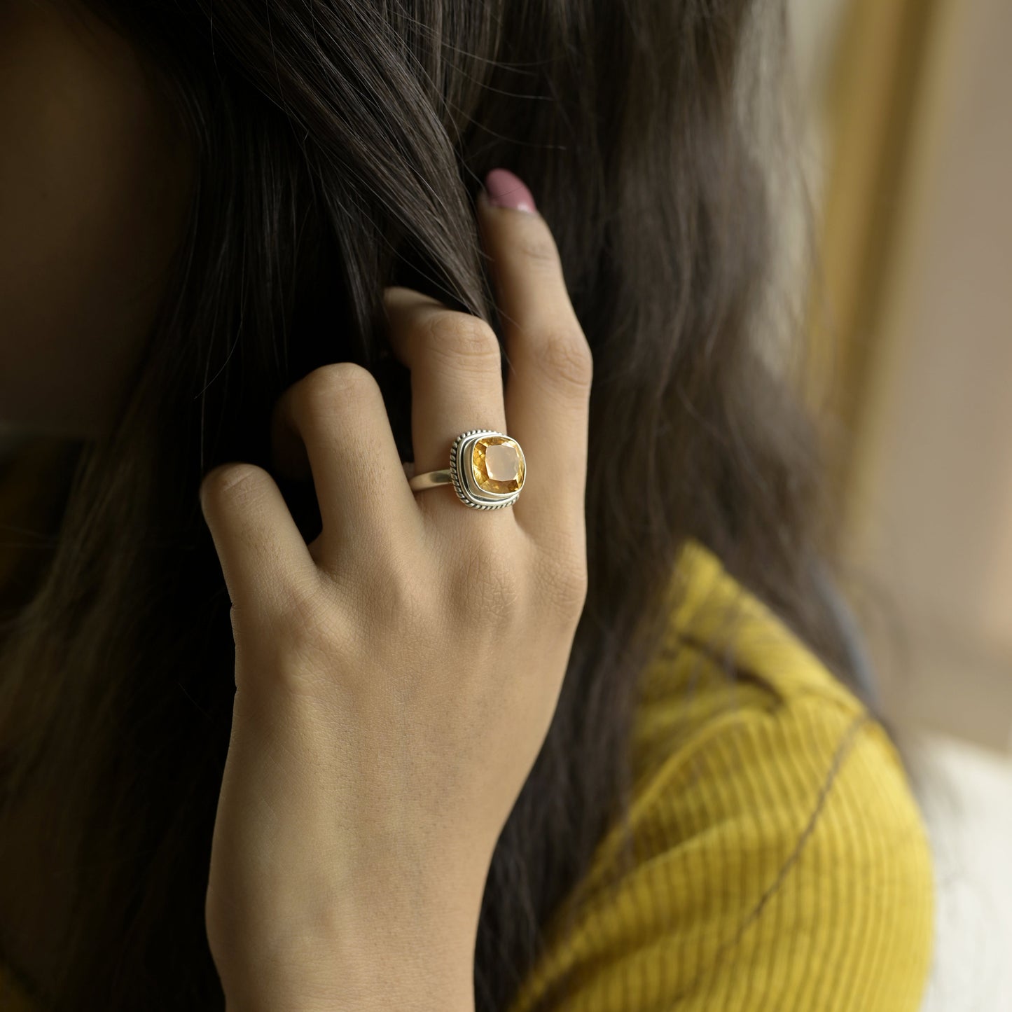 925 Sterling Silver Natural Citrine Cushion Cut Ring – Radiant Gemstone of Prosperity & Positivity