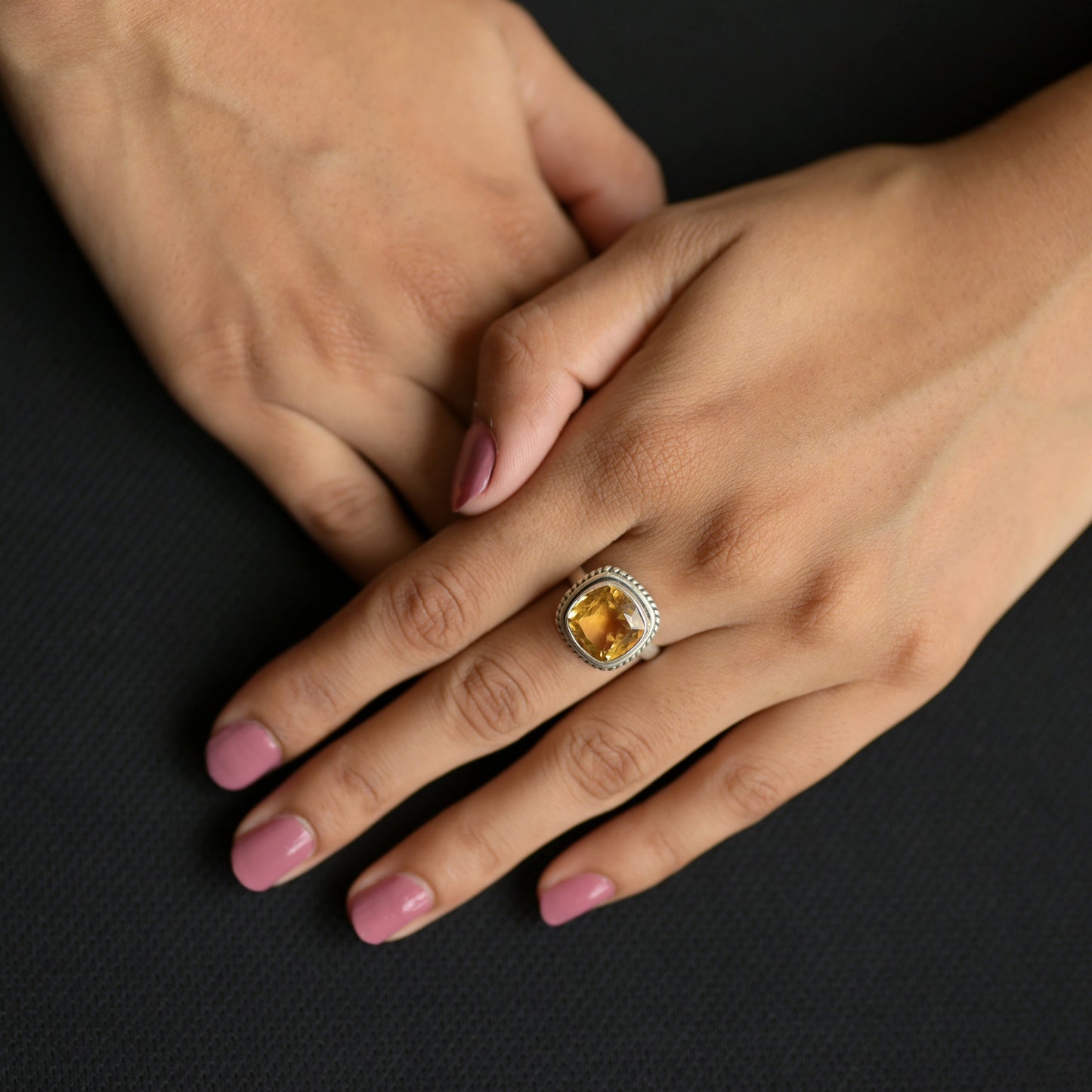 925 Sterling Silver Natural Citrine Cushion Cut Ring – Radiant Gemstone of Prosperity & Positivity