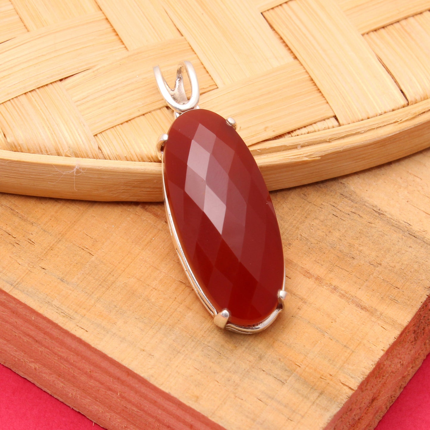Long Red Onyx Silver Pendant GemsRush