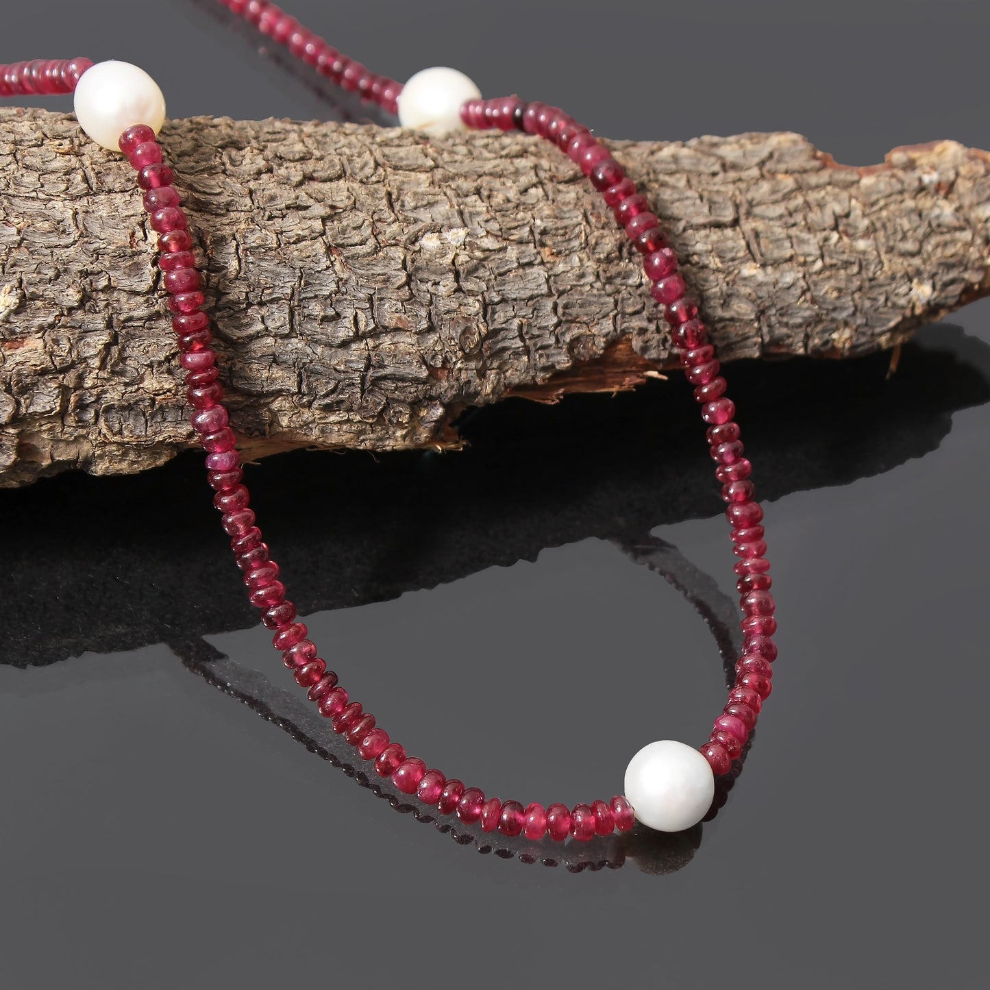 Natural Ruby & Pearl Beaded Charm Necklace, Smooth Rondelle Beaded Necklace , Gifted For Women . GemsRush