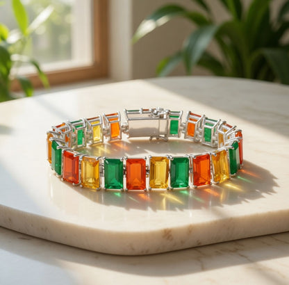 Vibrant Citrine, Green Aventurine & Carnelian Gemstone Link Bracelet – Natural Multi-Stone Sterling Silver Statement Bracelet
