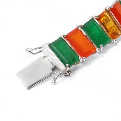 Vibrant Citrine, Green Aventurine & Carnelian Gemstone Link Bracelet – Natural Multi-Stone Sterling Silver Statement Bracelet