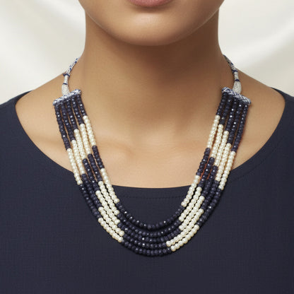 Natural iolite & Pearl 5-Layer Sarafa Necklace – Elegant Multi-Strand Traditional Jewelry