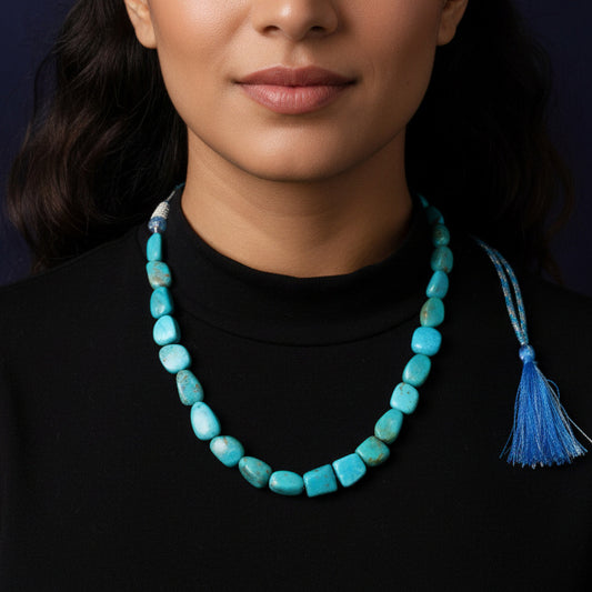Natural Turquoise Gemstone Sarafa Necklace – Handmade Beaded Jewelry for Healing & Style
