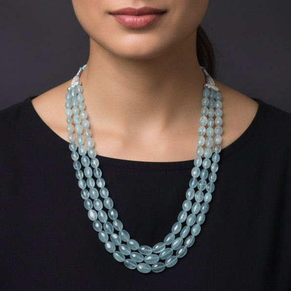 Premium Natural Aquamarine 3-Layer Sarafa Necklace – High-Quality Calming Blue Gemstone Jewelry