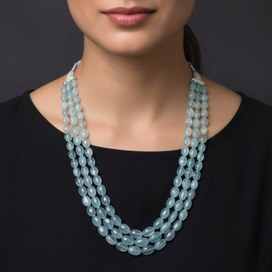 Premium Natural Aquamarine 3-Layer Sarafa Necklace – High-Quality Calming Blue Gemstone Jewelry