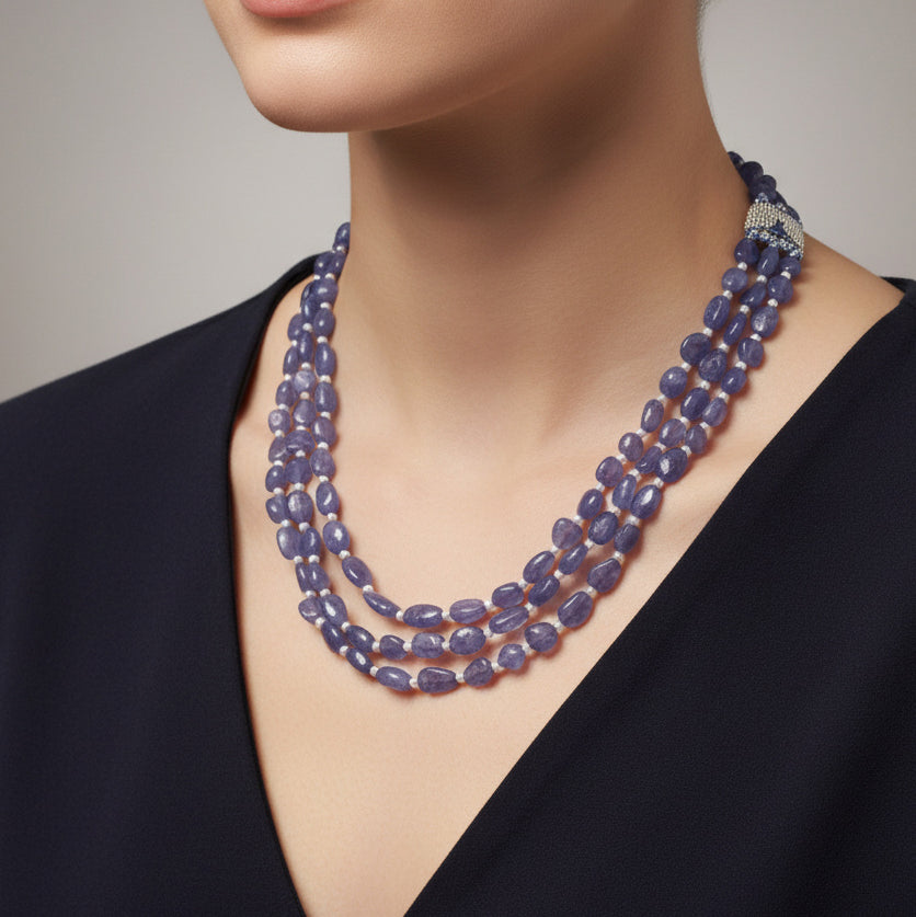Natural Tanzanite and Pearl Three-Layer Beaded Necklace – Elegant Handmade Gemstone Jewelry