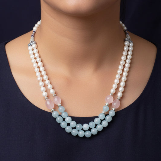 Natural Pearl, Rose Quartz & Aquamarine 2-Layered Sarafa Necklace – Graceful Gemstone Elegance