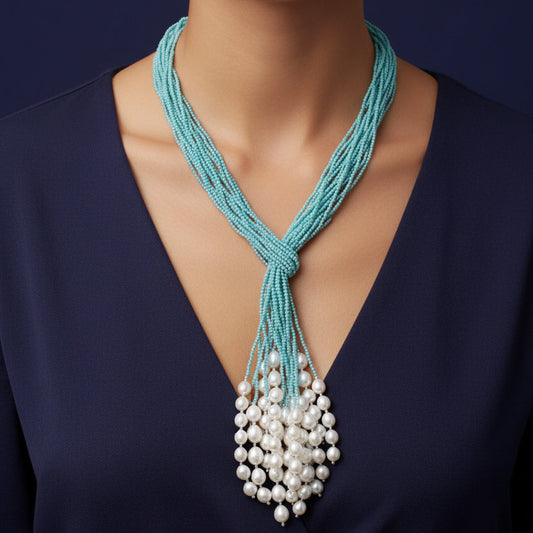 Elegant Natural Pearl & Amazonite Multi-Strand Designer Necklace – Handmade Healing Jewelry for Calm & Balance