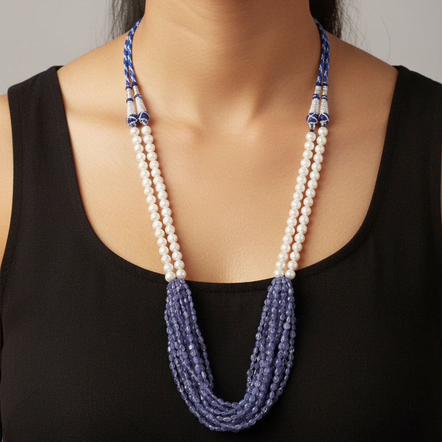 Elegant High-Quality Natural Tanzanite & Pearl Layered Sarafa Necklace – Timeless Luxury & Vibrant Shine