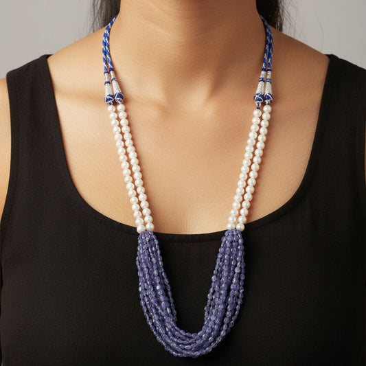 Elegant High-Quality Natural Tanzanite & Pearl Layered Sarafa Necklace – Timeless Luxury & Vibrant Shine