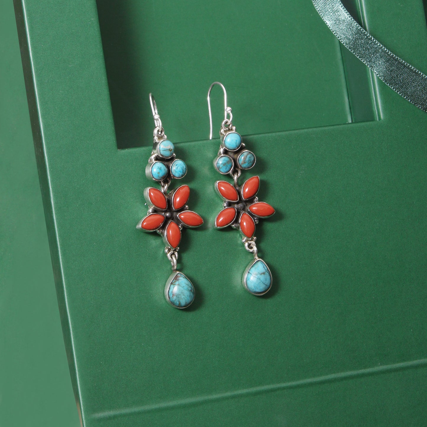 925 Sterling Silver Natural Red Coral & Turquoise Gemstone Earrings - Elegant Boho Style