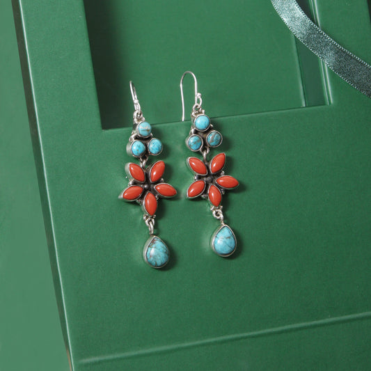 925 Sterling Silver Natural Red Coral & Turquoise Gemstone Earrings - Elegant Boho Style