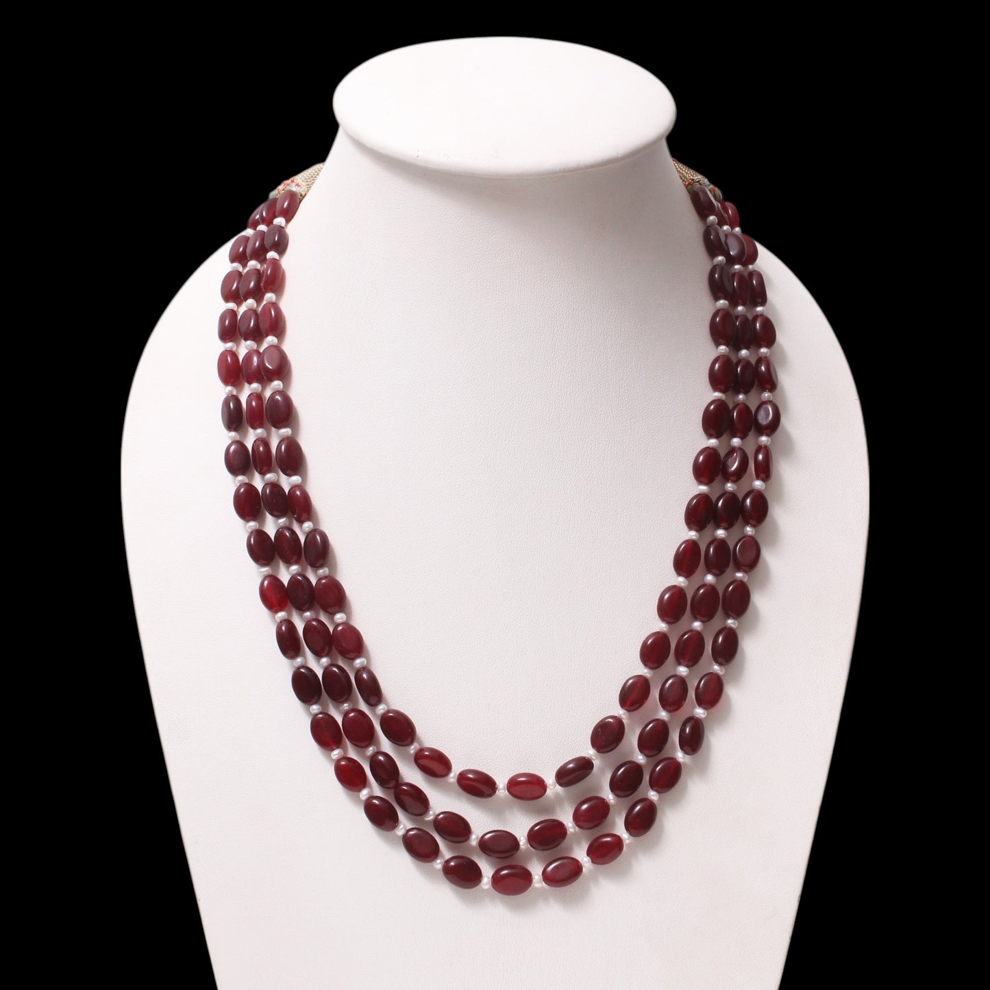 Natural Ruby Quartz & Pearl Three-Layer Beaded Necklace | Adjustable Ethnic Jewelry