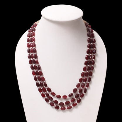 Natural Ruby Quartz & Pearl Three-Layer Beaded Necklace | Adjustable Ethnic Jewelry