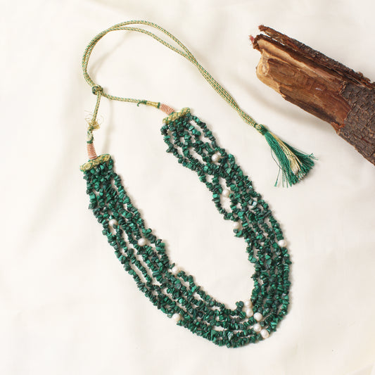 5 Layer Natural Malachite & Pearl Sarafa Necklace – Handmade Green Gemstone & Pearl Multi-Strand Jewelry for Women