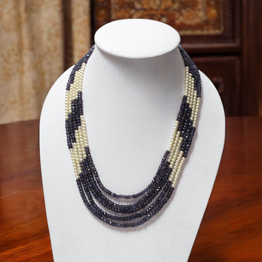 Natural iolite & Pearl 5-Layer Sarafa Necklace – Elegant Multi-Strand Traditional Jewelry