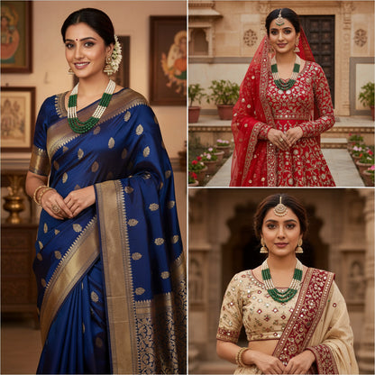 Elegant 4-Layer Green Jade, Pearl & Pyrite Sarafa Necklace – Timeless Ethnic Luxury