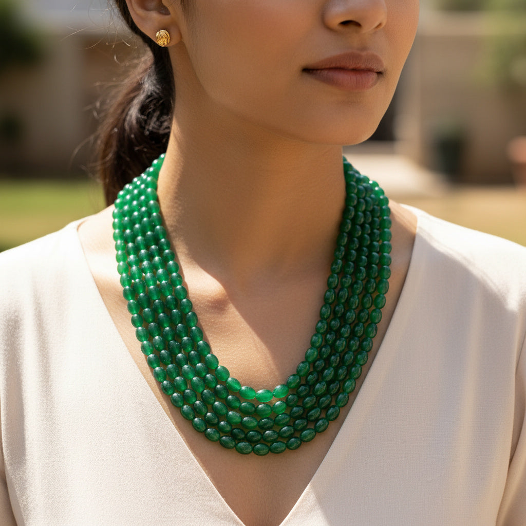 Green Quartz Gemstone 5 Layers Royal Sarafa Necklace 16 Inches