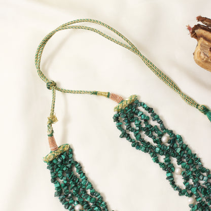 5 Layer Natural Malachite & Pearl Sarafa Necklace – Handmade Green Gemstone & Pearl Multi-Strand Jewelry for Women