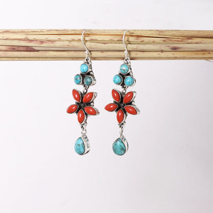 925 Sterling Silver Natural Red Coral & Turquoise Gemstone Earrings - Elegant Boho Style