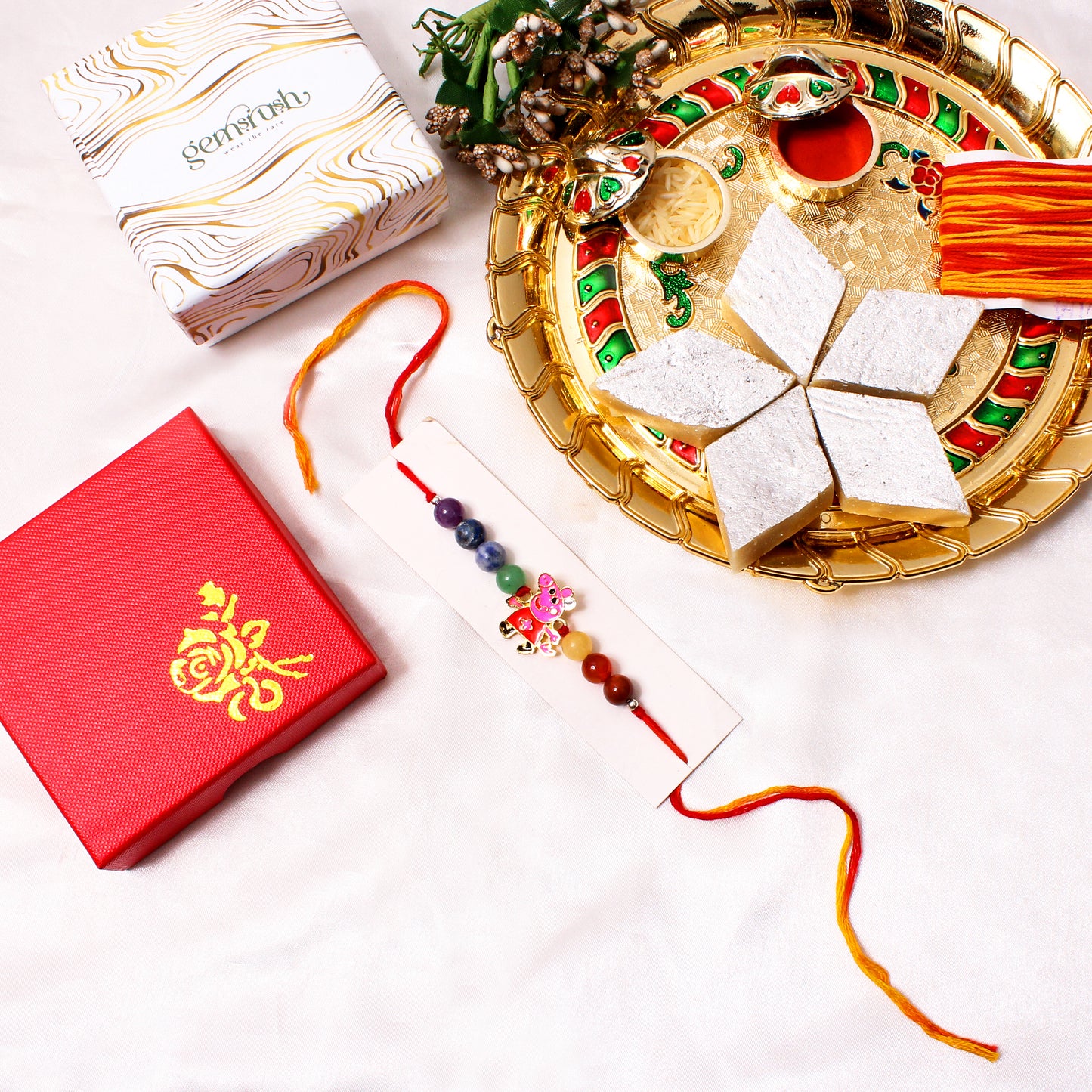 Colorful Natural Gemstone Rakhi with Peppa Pig Cartoon Charm – Fun & Healing Rakhi for Kids