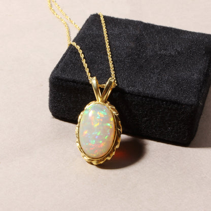 Natural Ethiopian Opal Oval Cabochon Pendant Necklace – Fire Opal Gemstone Gold Plated Elegant Jewelry for Women