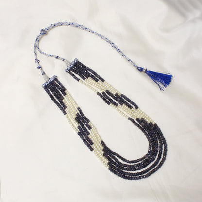 Natural iolite & Pearl 5-Layer Sarafa Necklace – Elegant Multi-Strand Traditional Jewelry