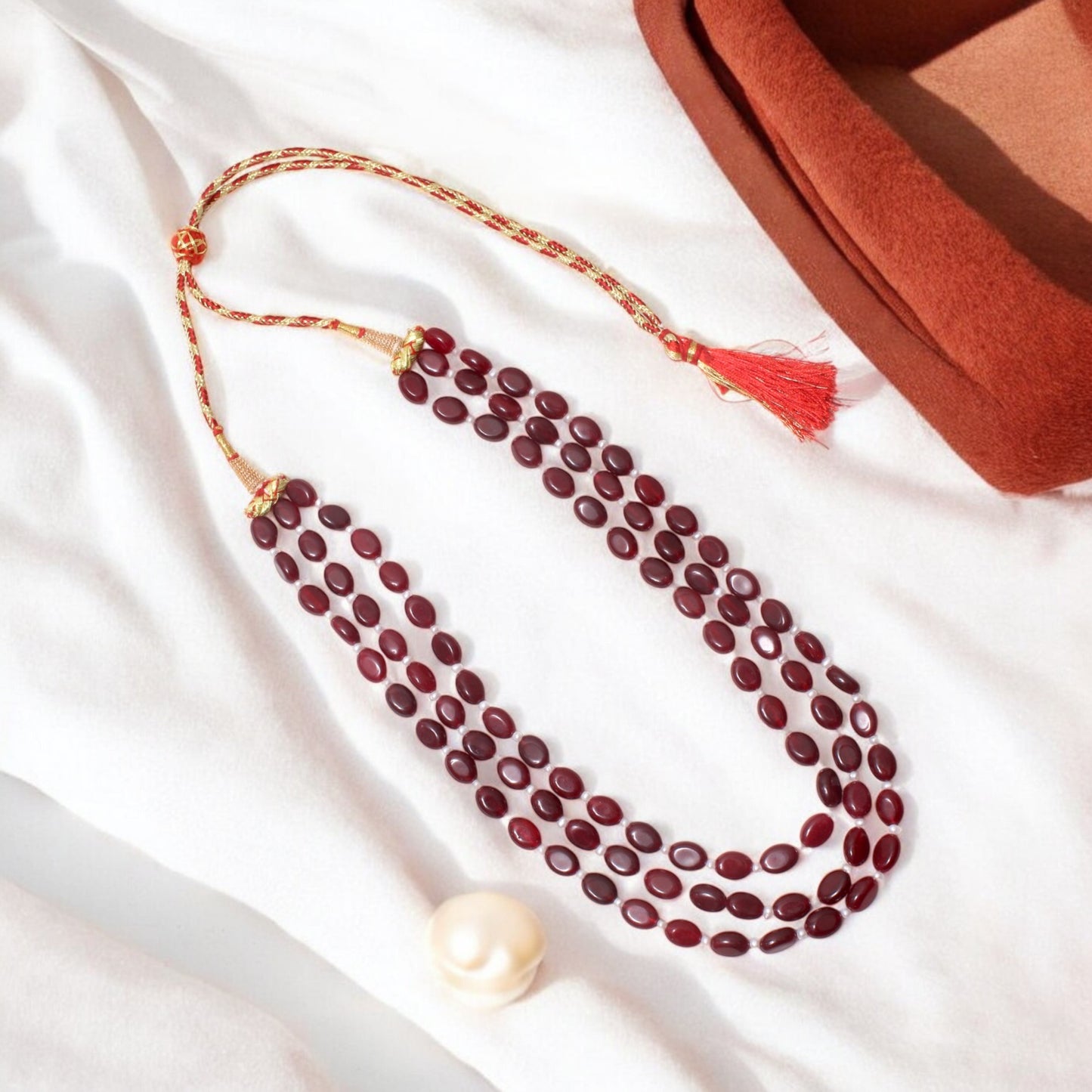 Natural Ruby Quartz & Pearl Three-Layer Beaded Necklace | Adjustable Ethnic Jewelry