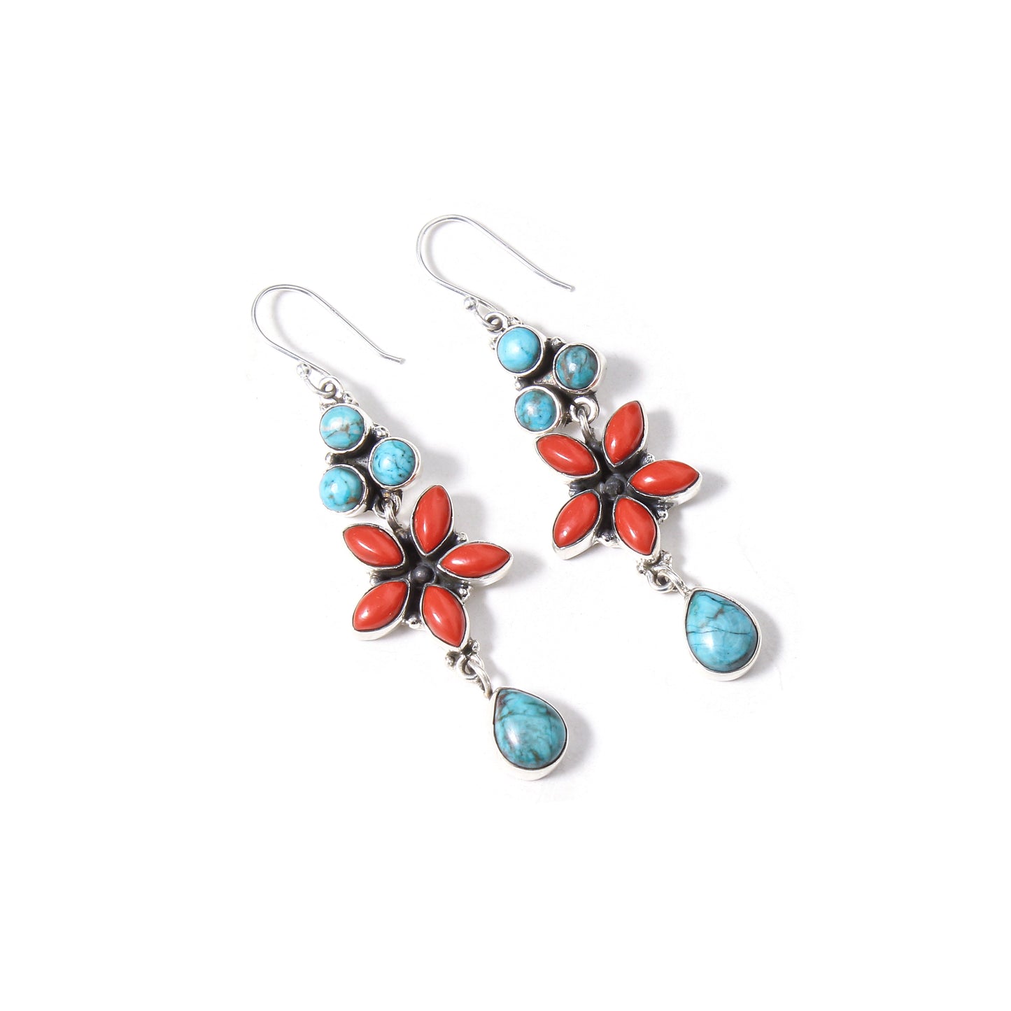 925 Sterling Silver Natural Red Coral & Turquoise Gemstone Earrings - Elegant Boho Style