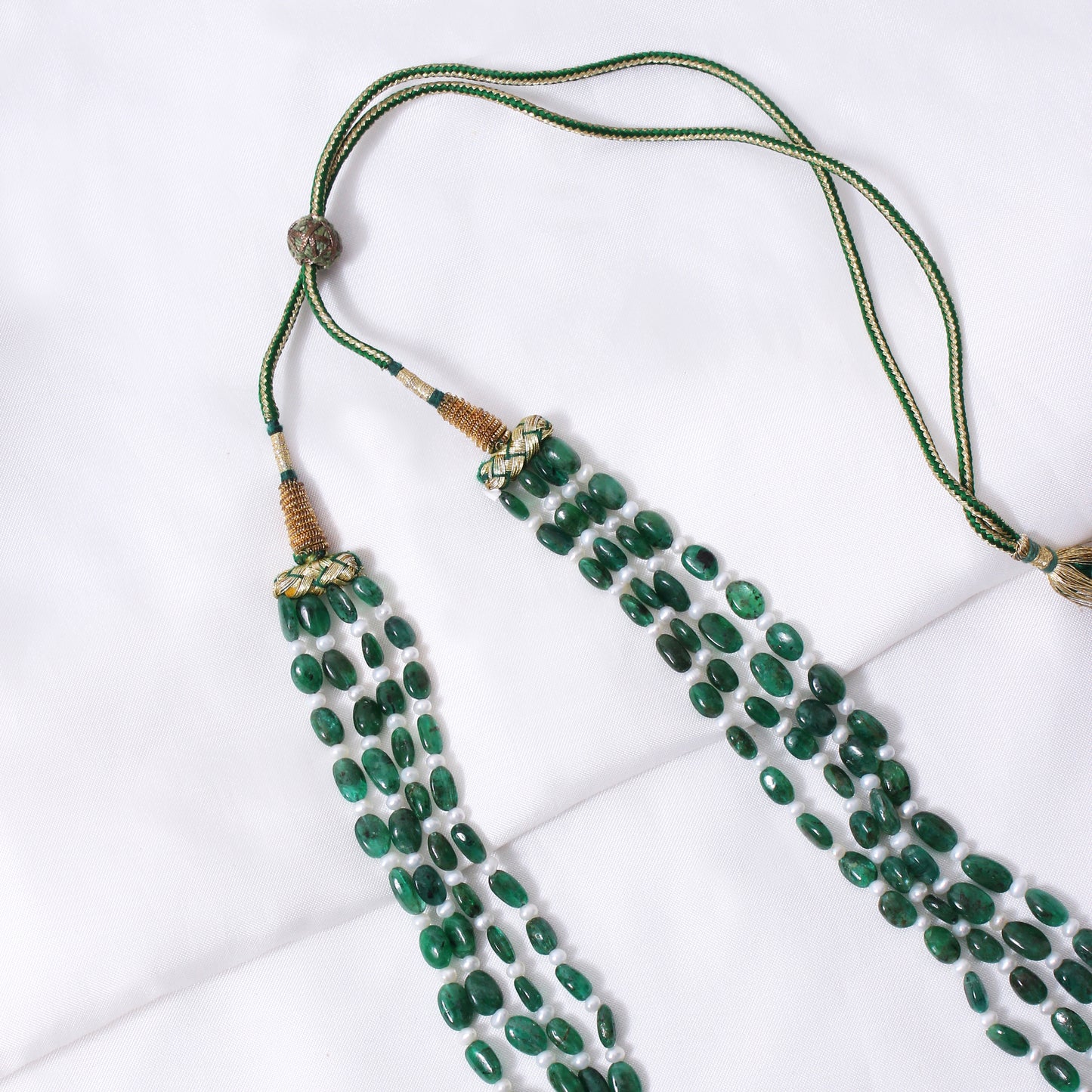 Dark Emerald & Pearl 4-Layer Sarafa Necklace – Natural Stone Multi-Strand Bridal & Festive Jewelry
