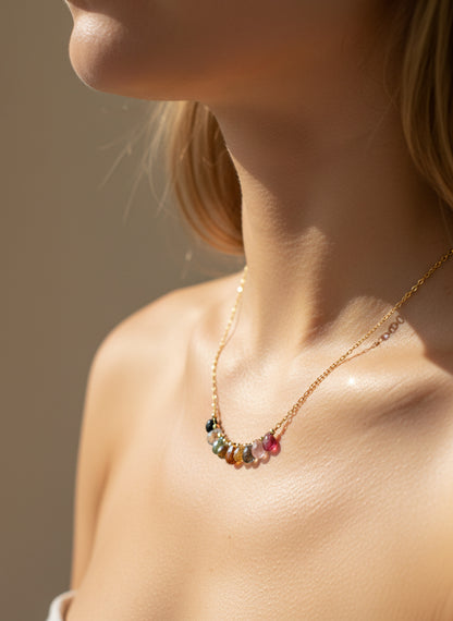 Natural Multi Tourmaline Beaded Gemstone Necklace – Gold Plated Chain | Elegant Handmade Jewelry