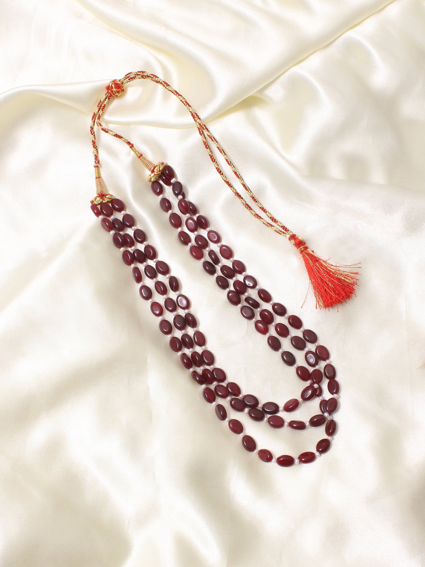 Natural Ruby Quartz & Pearl Three-Layer Beaded Necklace | Adjustable Ethnic Jewelry