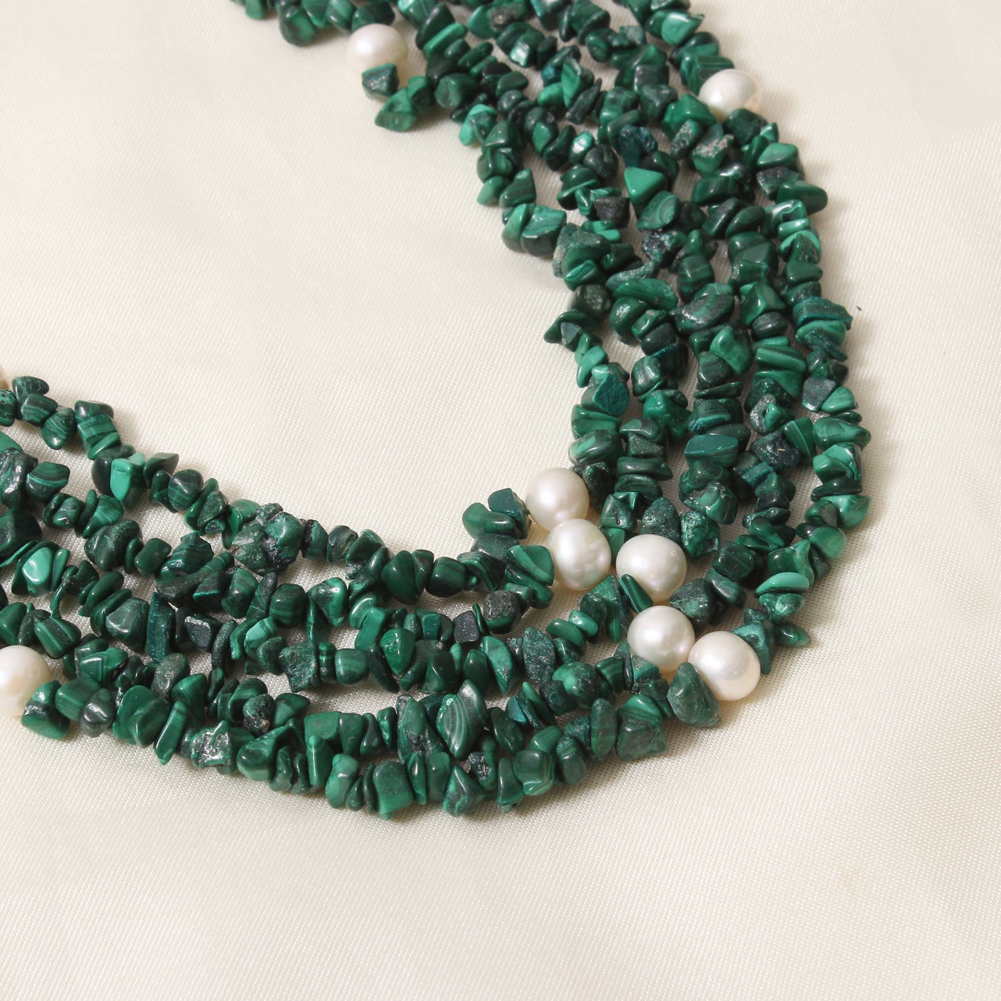 5 Layer Natural Malachite & Pearl Sarafa Necklace – Handmade Green Gemstone & Pearl Multi-Strand Jewelry for Women