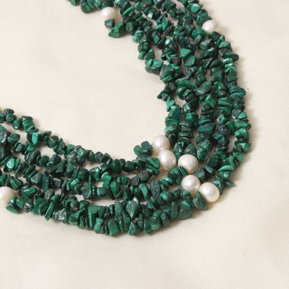 5 Layer Natural Malachite & Pearl Sarafa Necklace – Handmade Green Gemstone & Pearl Multi-Strand Jewelry for Women