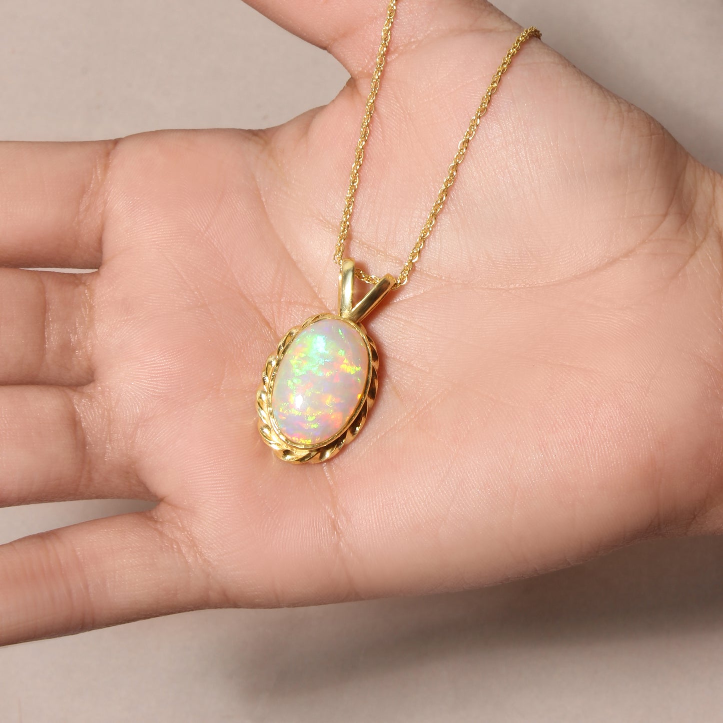 Natural Ethiopian Opal Oval Cabochon Pendant Necklace – Fire Opal Gemstone Gold Plated Elegant Jewelry for Women