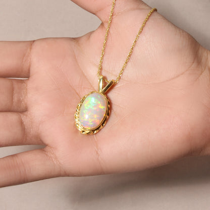Natural Ethiopian Opal Oval Cabochon Pendant Necklace – Fire Opal Gemstone Gold Plated Elegant Jewelry for Women