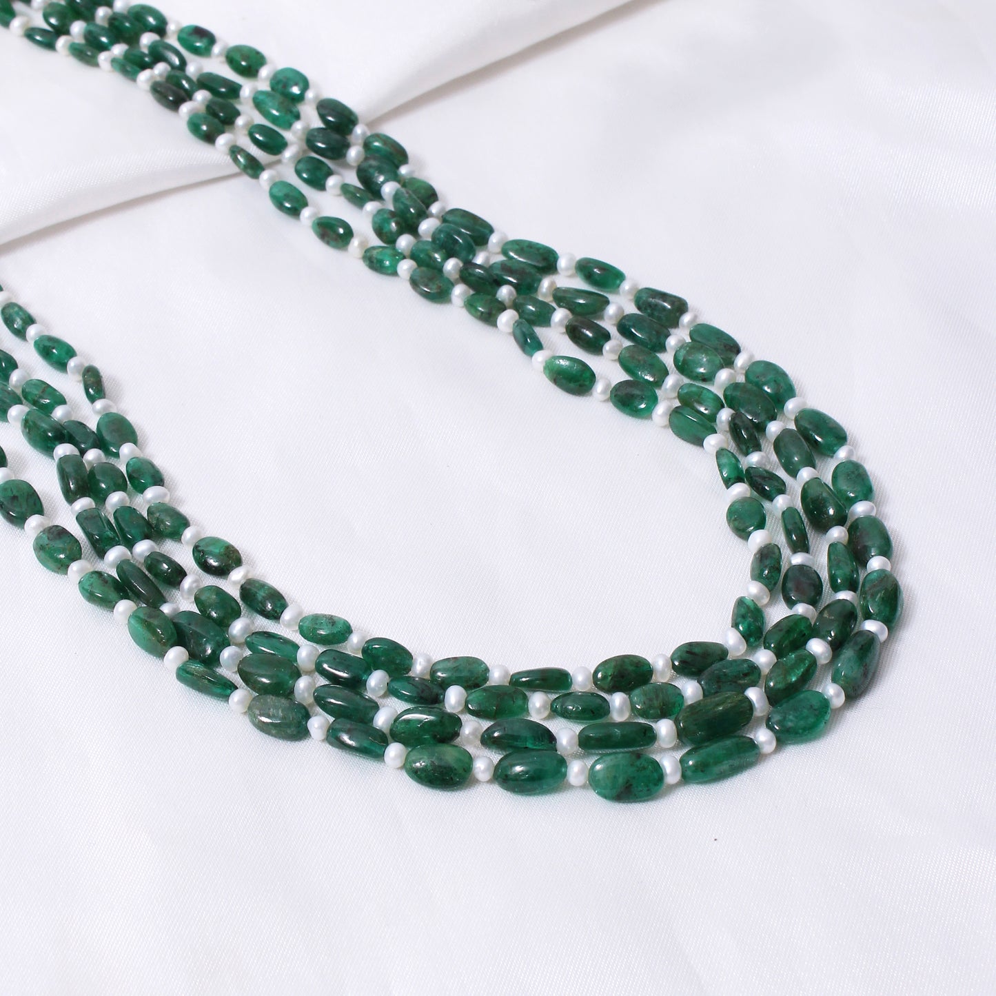 Dark Emerald & Pearl 4-Layer Sarafa Necklace – Natural Stone Multi-Strand Bridal & Festive Jewelry
