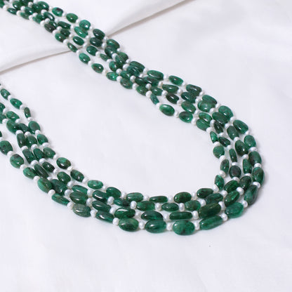 Dark Emerald & Pearl 4-Layer Sarafa Necklace – Natural Stone Multi-Strand Bridal & Festive Jewelry