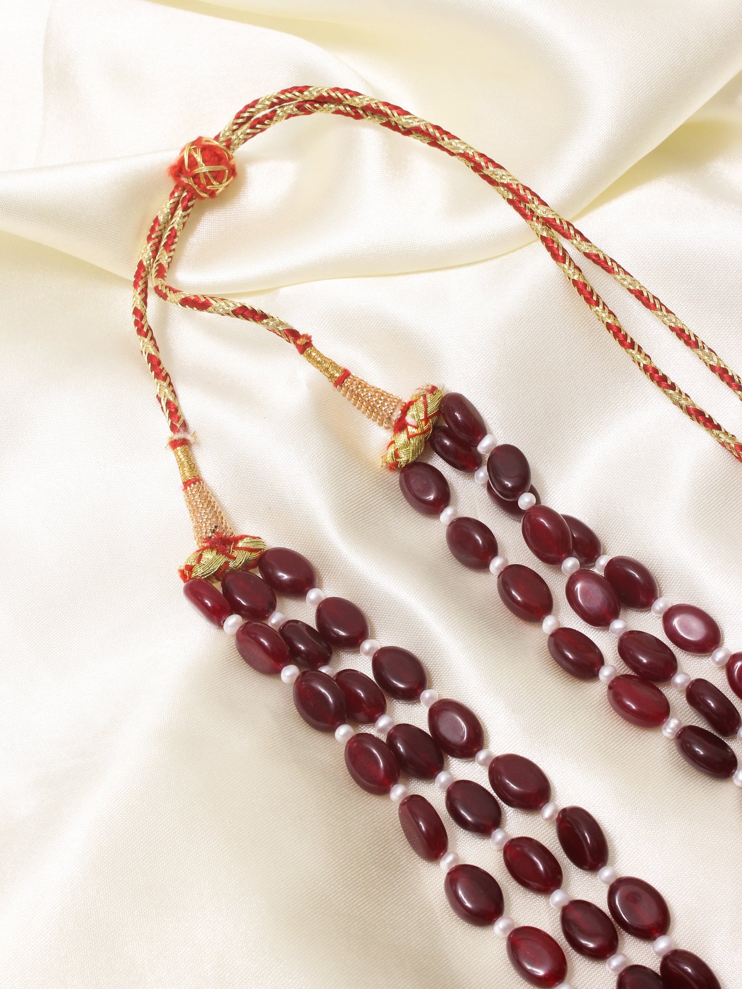 Natural Ruby Quartz & Pearl Three-Layer Beaded Necklace | Adjustable Ethnic Jewelry
