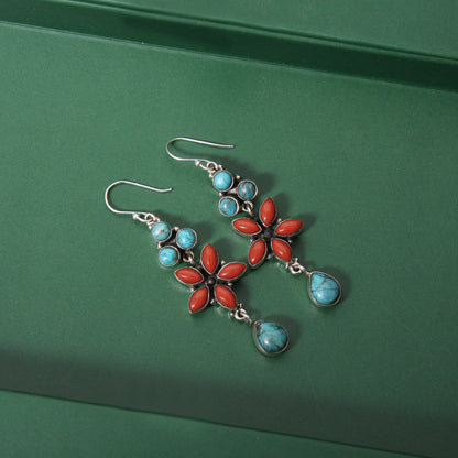 925 Sterling Silver Natural Red Coral & Turquoise Gemstone Earrings - Elegant Boho Style