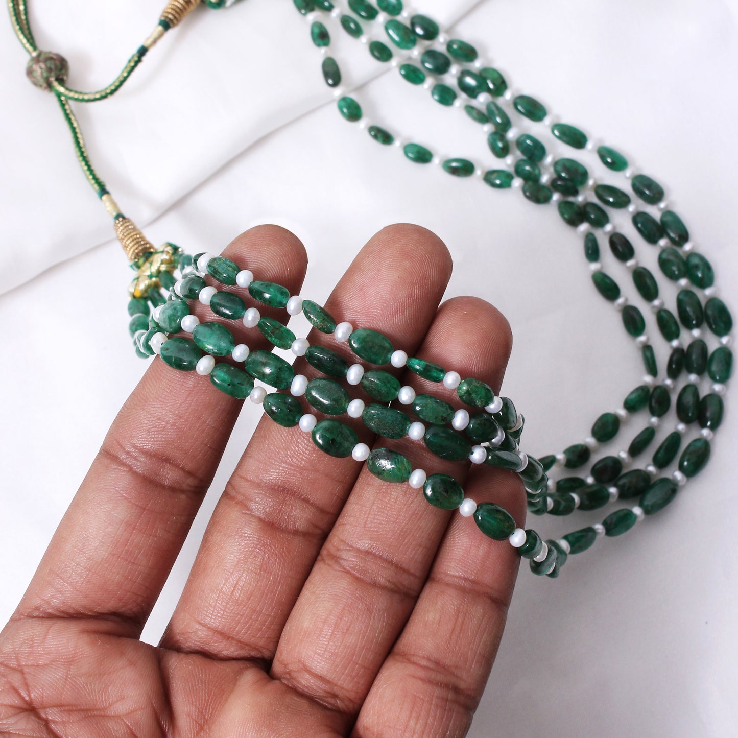 Dark Emerald & Pearl 4-Layer Sarafa Necklace – Natural Stone Multi-Strand Bridal & Festive Jewelry