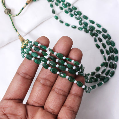 Dark Emerald & Pearl 4-Layer Sarafa Necklace – Natural Stone Multi-Strand Bridal & Festive Jewelry
