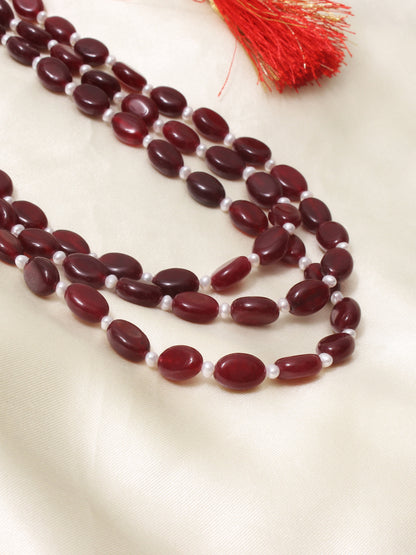Natural Ruby Quartz & Pearl Three-Layer Beaded Necklace | Adjustable Ethnic Jewelry