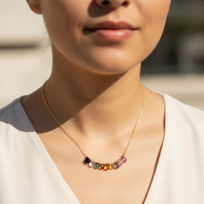 Natural Multi Tourmaline Beaded Gemstone Necklace – Gold Plated Chain | Elegant Handmade Jewelry