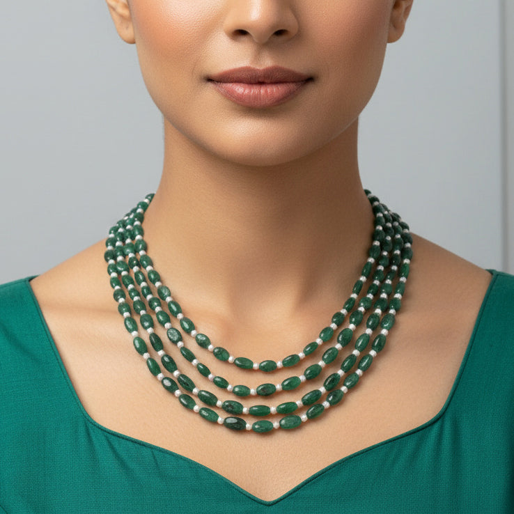 Dark Emerald & Pearl 4-Layer Sarafa Necklace – Natural Stone Multi-Strand Bridal & Festive Jewelry